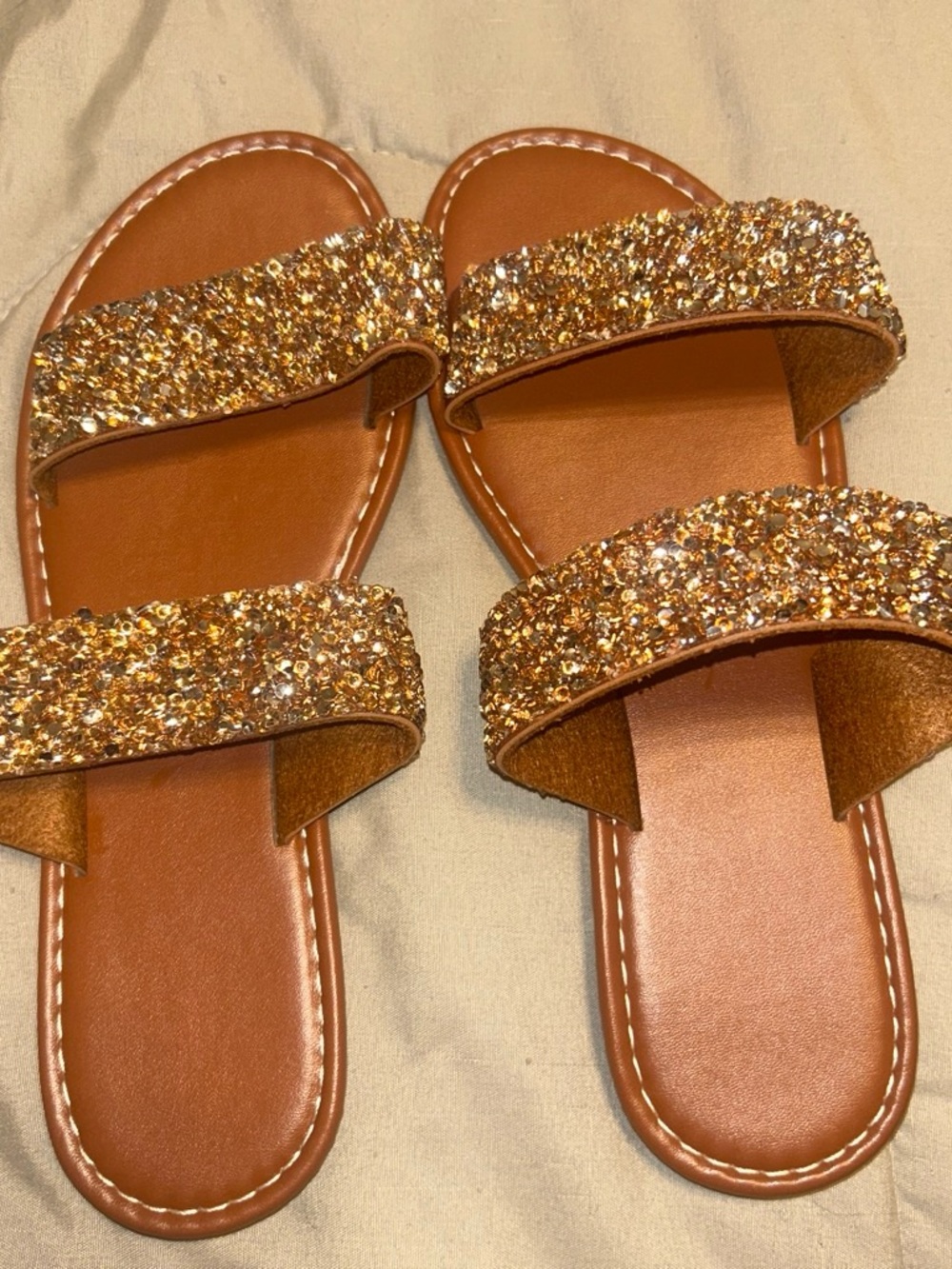 SHEIN Gold Glitter Double Strap Slide Sandals